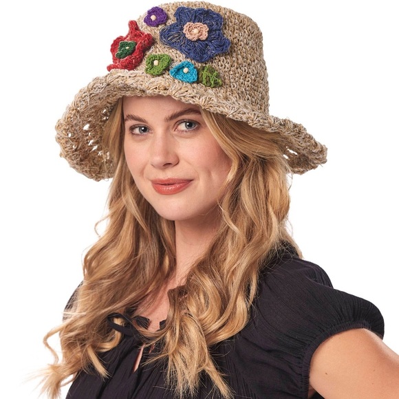 Accessories - Hemp & Cotton Beach Vacay Hat Made in Nepal- teal knit w flowers